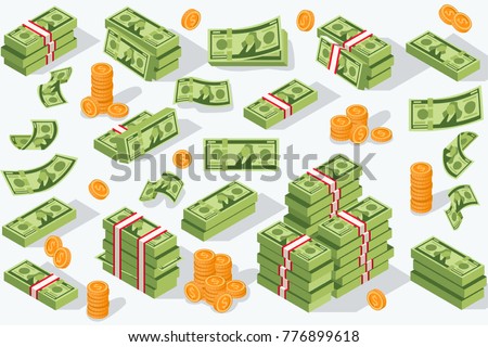 Money currency vector illustration. Various money bills dollar cash paper bank notes and gold coins. Collection of cash heap pile and currency stack vector set.