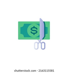Money cut flat icon, vector sign, Money and scissor colorful pictogram isolated on white. Symbol, logo illustration. Flat style design