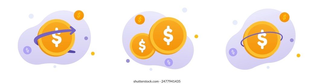 Money cycle, currency exchange, money flow illustration concept. Yellow and purple dollar coins rotate a single circle. Double gold dollar coin with other small dollar coins around it. UI Illustration