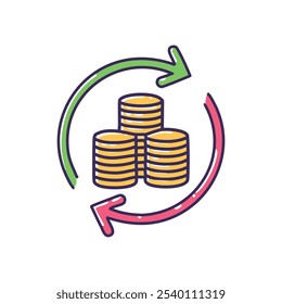 Fluxo do ciclo monetário. Volume de negócios financeiro, rotação de patrimônio, ciclo econômico, ilustrando o crescimento contínuo.