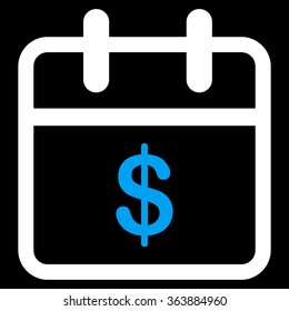 Money Date vector icon. Style is bicolor flat symbol, blue and white colors, rounded angles, black background.