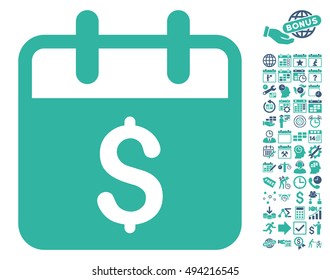 Money Day icon with bonus calendar and time management images. Vector illustration style is flat iconic bicolor symbols, cobalt and cyan colors, white background.