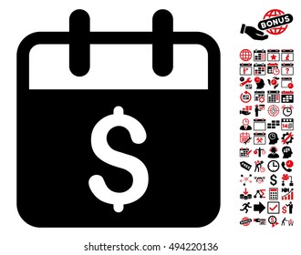 Money Day icon with bonus calendar and time management symbols. Vector illustration style is flat iconic bicolor symbols, intensive red and black colors, white background.