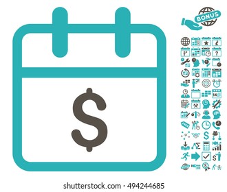 Money Day icon with bonus calendar and time management images. Vector illustration style is flat iconic bicolor symbols, grey and cyan colors, white background.