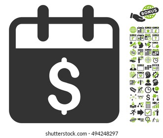 Money Day icon with bonus calendar and time management design elements. Vector illustration style is flat iconic bicolor symbols, eco green and gray colors, white background.