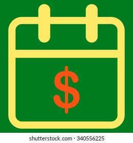 Money Day vector icon. Style is bicolor flat symbol, orange and yellow colors, rounded angles, green background.
