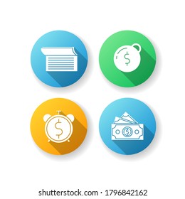 Juego de iconos de glifos sombreados de diseño plano de deuda de dinero. Escribe en la chequera. Pesada carga financiera. Pagar impuestos. Billetes en dólares. Operación bancaria. Ingresos en efectivo. Ilustración de color RGB de silueta