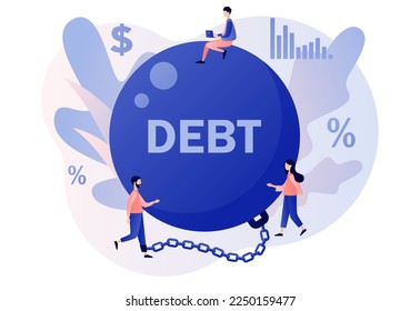 Money debts concept. Tiny man chained by huge weight debt metal ball have financial problems. Banking, bankruptcy, finance. Modern flat cartoon style. Vector illustration on white background
