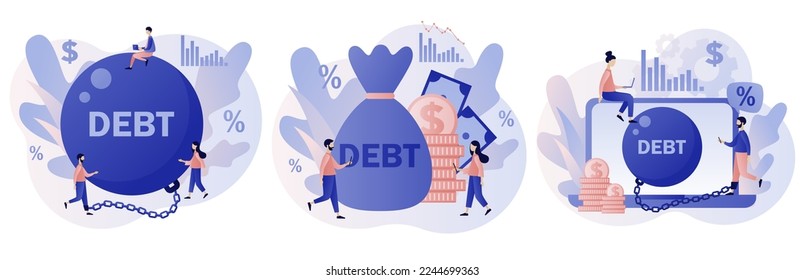 Concepto de deudas monetarias. Pequeñas personas encadenadas por enormes deudas de la bola metálica tienen problemas financieros. Banca, bancarrota, finanzas. Estilo moderno de dibujos animados planos. Ilustración del vector sobre fondo blanco