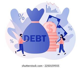 Concepto de deudas monetarias. Las pequeñas personas tienen problemas financieros. Banca, bancarrota, finanzas. Estilo moderno de dibujos animados planos. Ilustración del vector sobre fondo blanco
