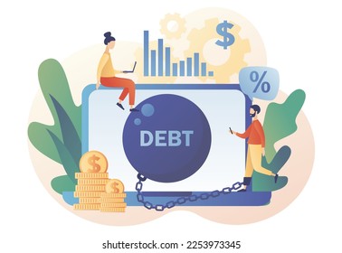 El concepto de deudas monetarias en línea. Banca, bancarrota, finanzas. Un hombre pequeño encadenado por una bola de metal de deuda enorme tiene problemas financieros. Estilo moderno de dibujos animados planos. Ilustración del vector sobre fondo blanco
