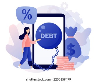 Money debts online concept. Tiny woman chained by huge weight debt metal ball have financial problems. Banking, bankruptcy, finance. Modern flat cartoon style. Vector illustration on white background
