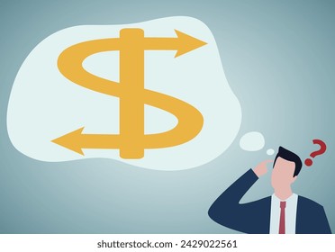 Money decision, investment choice or option to make profit, buy or rent, pay off debt or invest, select best earning asset. Confused businessman thinking about investment choice.