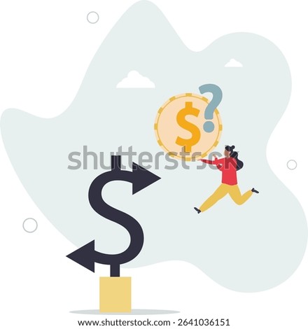 Money decision, investment choice or option to make profit, buy or rent, pay off debt or invest, select best earning asset. character life .