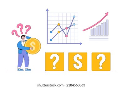 Money Decision, Investment Choice, Profit Option, Buy Or Rent, Pay Off Debt Or Invest, Choose Best Earning Asset Concepts. Confused Businessman Investor Hold Money Coin And Choosing Right Boxes.