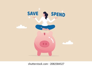 Money Decision, Save Or Spend, Financial Options When Receive Bonus Or Extra Money, Choose To Invest Or Pay Off Debt Concept, Doubtful Woman Lotus Sitting On Piggy Bank Balancing Save Or Spend Choice.