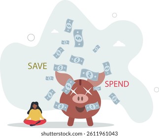 Money decision, save or spend, financial options when receive bonus or extra money, choose to invest or pay off debt concept.flat character life .