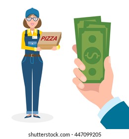 Money for delivery. Female cartoon character. Pizza woman gets money. Hand holding dollars for pizza. Happy smiling pizza girl. Pizza restaurant. Fast delivery.