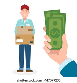 Money For Delivery. Handsome Male Cartoon Character. Delivery Man Gets Money. Hand Holding Dollars For Boxes. Happy Smiling Supplier Or Delivery Aget.