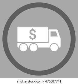 Money Delivery vector bicolor rounded icon. Image style is a flat icon symbol inside a circle, dark gray and white colors, silver background.