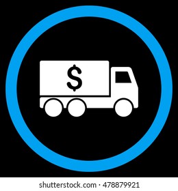 Money Delivery vector bicolor rounded icon. Image style is a flat icon symbol inside a circle, blue and white colors, black background.
