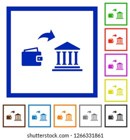 Money deposit to bank flat color icons in square frames on white background