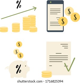 Concepto de depósito de dinero. Conjunto de ilustraciones plano del vector