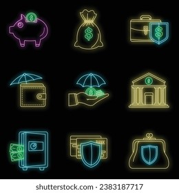 Money deposit icon set. Outline set of money deposit vector icons neon color on black