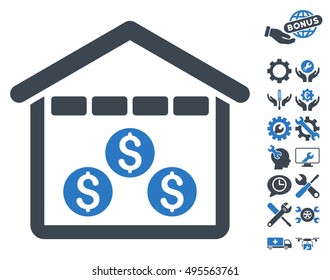 Money Depository icon with bonus tools symbols. Vector illustration style is flat iconic bicolor symbols, smooth blue colors, white background.