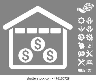 Money Depository icon with bonus tools design elements. Vector illustration style is flat iconic symbols, white color, gray background.