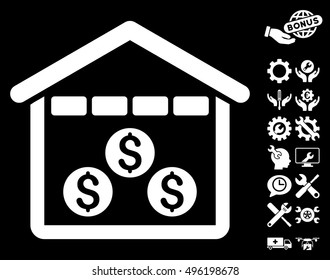 Money Depository icon with bonus tools graphic icons. Vector illustration style is flat iconic symbols, white color, black background.