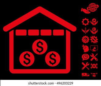 Money Depository icon with bonus tools pictogram. Vector illustration style is flat iconic symbols, red color, black background.