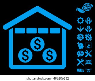 Money Depository icon with bonus tools symbols. Vector illustration style is flat iconic symbols, blue color, black background.