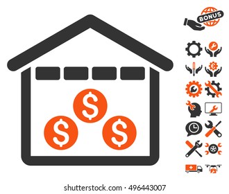 Money Depository icon with bonus tools icon set. Vector illustration style is flat iconic bicolor symbols, orange and gray colors, white background.