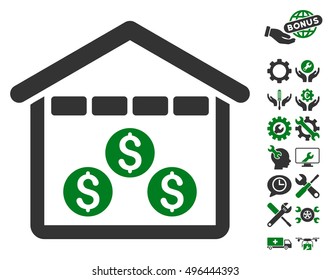 Money Depository icon with bonus tools pictogram. Vector illustration style is flat iconic bicolor symbols, green and gray colors, white background.