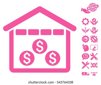 Money Depository icon with bonus tools clip art. Vector illustration style is flat iconic symbols, pink color, white background.