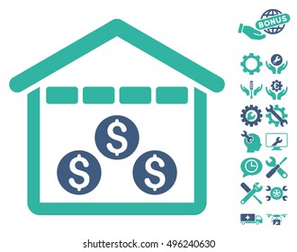Money Depository pictograph with bonus tools pictograph collection. Vector illustration style is flat iconic bicolor symbols, cobalt and cyan colors, white background.