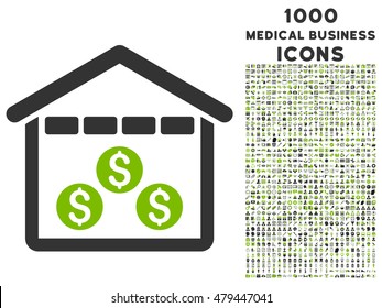 Money Depository vector bicolor icon with 1000 medical business icons. Set style is flat pictograms, eco green and gray colors, white background.