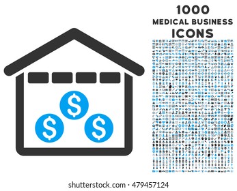 Money Depository vector bicolor icon with 1000 medical business icons. Set style is flat pictograms, blue and gray colors, white background.