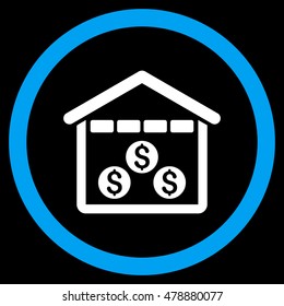 Money Depository vector bicolor rounded icon. Image style is a flat icon symbol inside a circle, blue and white colors, black background.