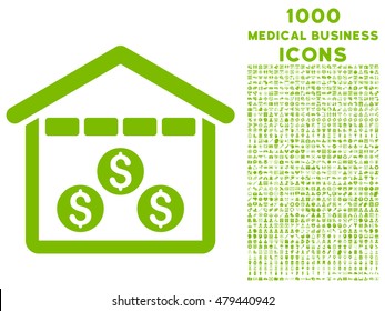 Money Depository vector icon with 1000 medical business icons. Set style is flat pictograms, eco green color, white background.