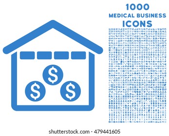 Money Depository vector icon with 1000 medical business icons. Set style is flat pictograms, cobalt color, white background.