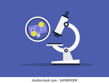 Money devaluation, economic crisis, global recession, paper currency and coins under the microscope glass