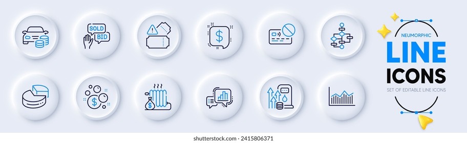 Diagrama de dinero, iconos de la línea de gráfico de tarjetas y gráficos para la aplicación web. Paquete de entradas, Compra un coche, Iconos del pictograma de dinero de lavado. Radiador, diagrama de bloques, señales de mensajes de pago. Gráfico circular, precio del combustible. Vector