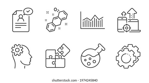 Money Diagram, Seo Devices And Puzzle Line Icons Set. Chemistry Lab, Engineering And Resume Document Signs. Settings Gears, Chemical Formula Symbols. Quality Line Icons. Money Diagram Badge. Vector