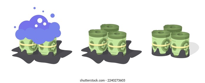 Money dirty finance or cash oil corruption criminal business concept vector icon illustration, black dishonest currency laundering wash clean, fraud economy, fake illegal finances cartoon image