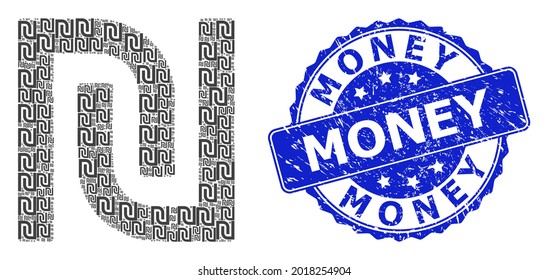 Money dirty round stamp and vector fractal collage shekel. Blue stamp seal has Money caption inside round shape. Vector collage is created with recursive shekel pictograms.