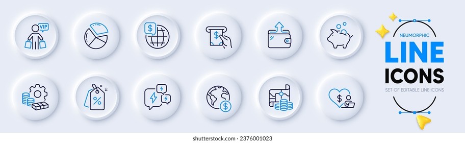 Money, Discount tags and Atm service line icons for web app. Pack of Global business, Vip shopping, Stress pictogram icons. World money, Piggy bank, Volunteer signs. Treasure map. Vector