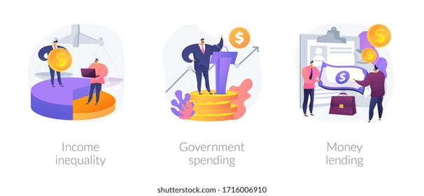 Money distribution abstract concept vector illustration set. Income inequality, government spending, money lending, salary gap, country budget, bank credit, individual loan, welfare abstract metaphor.