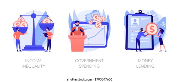 Money distribution abstract concept vector illustration set. Income inequality, government spending, money lending, salary gap, country budget, bank credit, individual loan, welfare abstract metaphor.